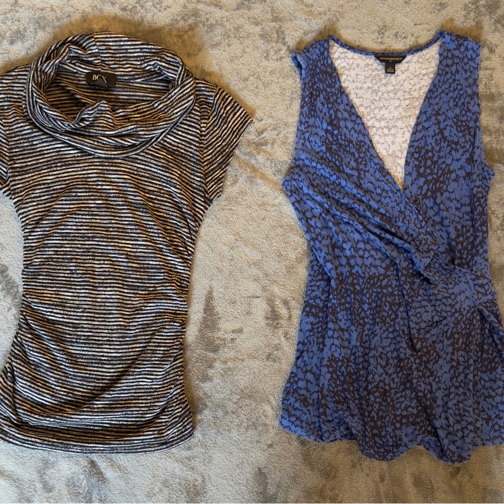 Banana Republic Striped Black and White Blouse & Blue Patterned Top